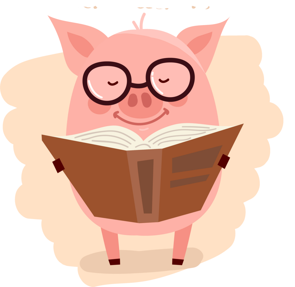 scholarly pig reading a book